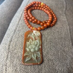 Grade A Red Jadeite Beaded Necklace and Pendant
